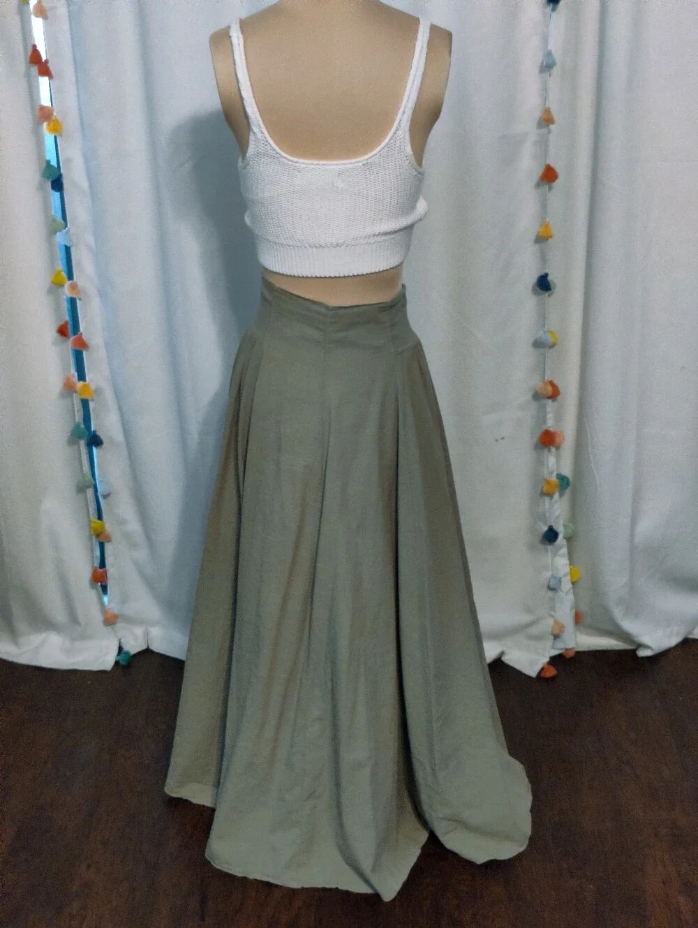 Luna Luz Vintage Cotton Maxi Skirt full button front Low Slung khaki/green SM - Picture 5 of 9
